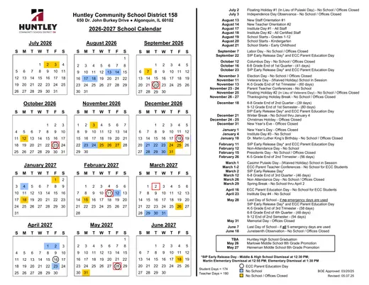 Huntley Community School District 158 2026–2027 Academic Calendar