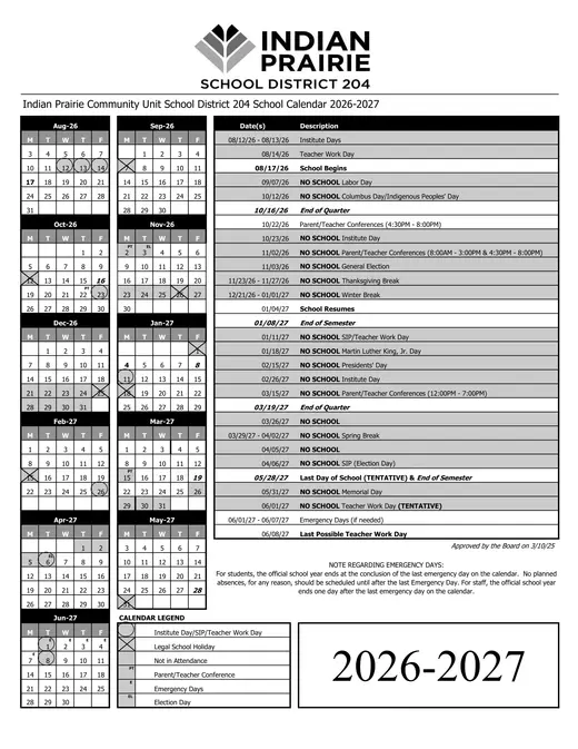 Indian Prairie Community Unit School District 204 2026–2027 Academic Calendar