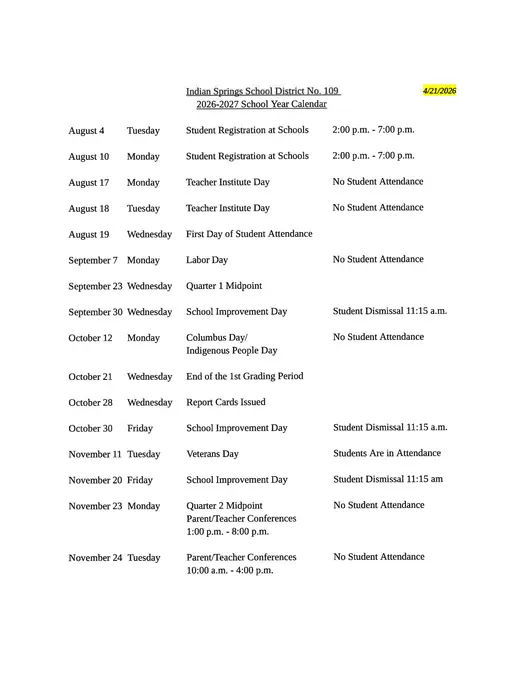 Indian Springs School District #109 2026–2027 Academic Calendar Page 2