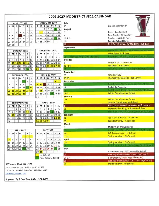 IVC School District #321 2026–2027 Academic Calendar Page 1