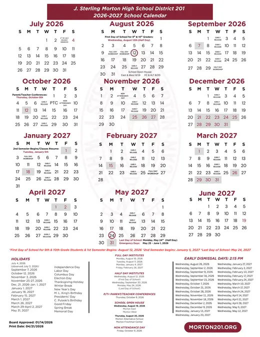 J. Sterling Morton High School District 201 2026–2027 Academic Calendar
