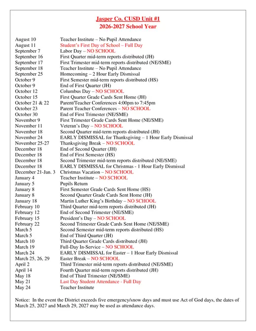 Jasper Co. CUSD Unit #1 2026–2027 Academic Calendar