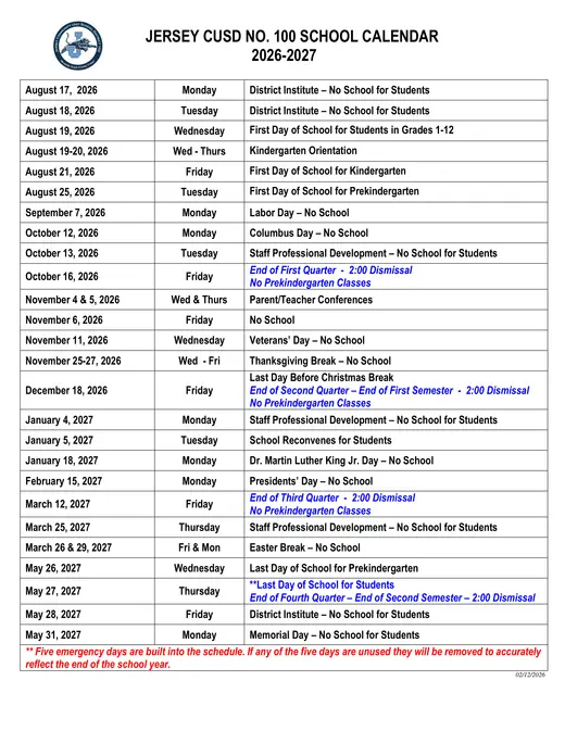 Jersey CUSD No. 100 2026–2027 Academic Calendar