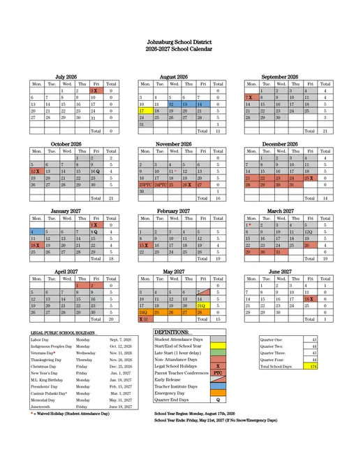 Johnsburg School District 2026–2027 Academic Calendar