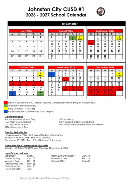 Johnston City CUSD #1 2026–2027 Academic Calendar Page 1