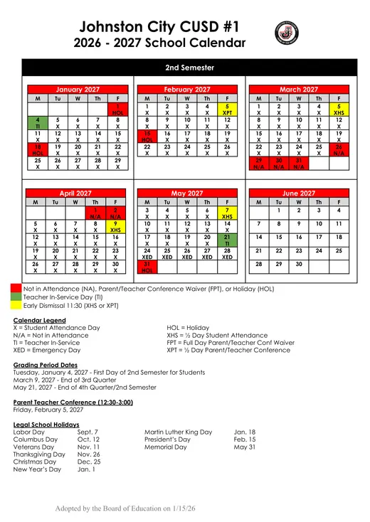 Johnston City CUSD #1 2026–2027 Academic Calendar Page 2