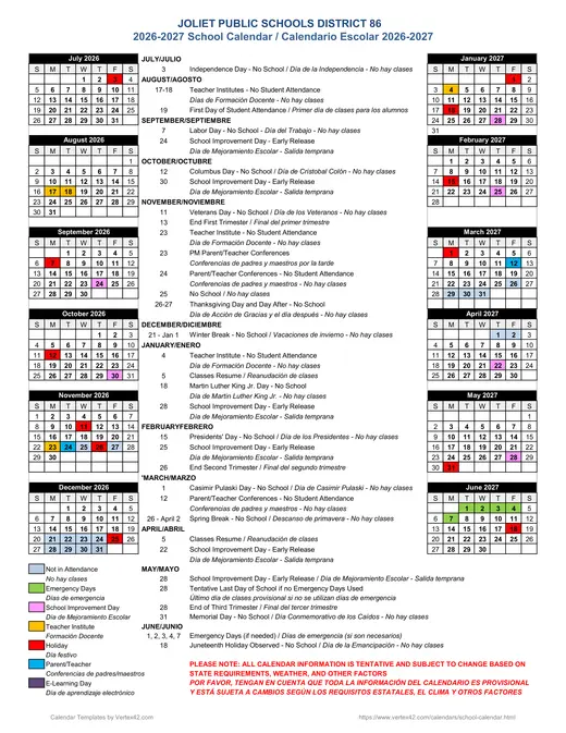 Joliet Public Schools District 86 2026–2027 Academic Calendar