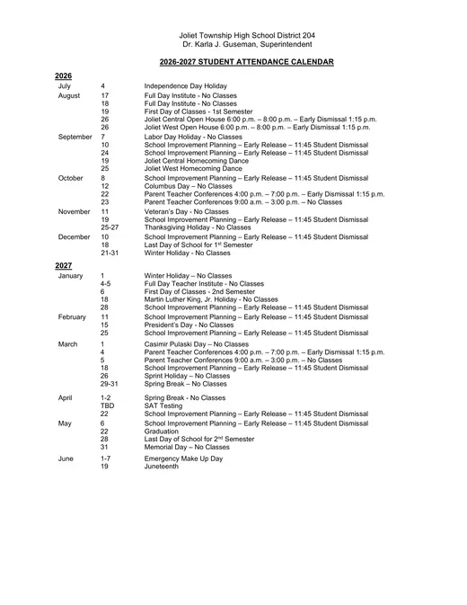 Joliet Township High School District 204 2026–2027 Academic Calendar Page 1