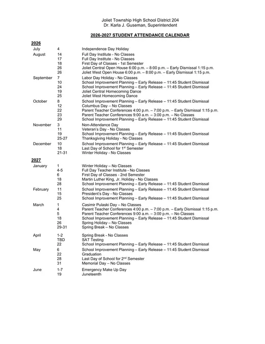 Joliet Township High School District 204 2026–2027 Academic Calendar Page 2