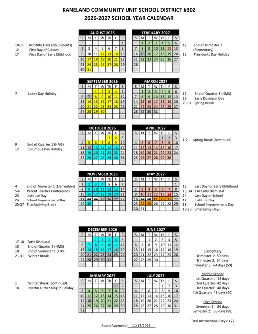 Kaneland Community Unit School District #302 2026–2027 Academic Calendar