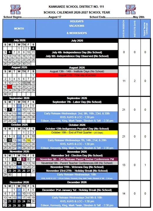 Kankakee School District No. 111 2026–2027 Academic Calendar Page 4