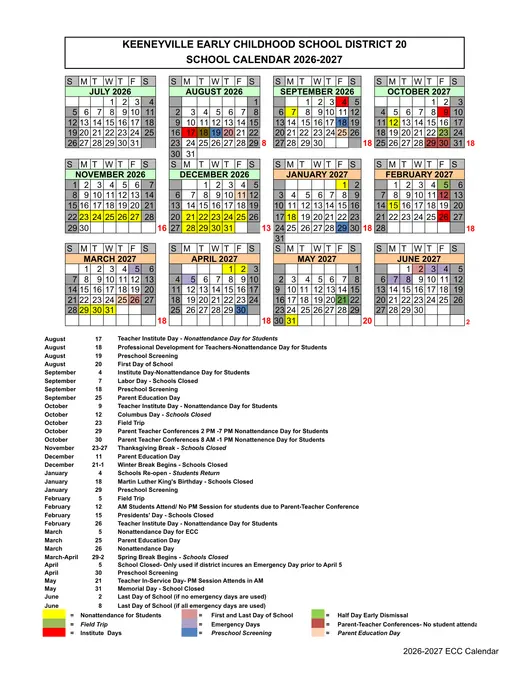 Keeneyville Early Childhood School District 20 2026–2027 Academic Calendar Page 1