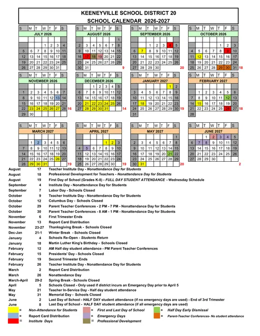 Keeneyville School District 20 2026–2027 Academic Calendar Page 1