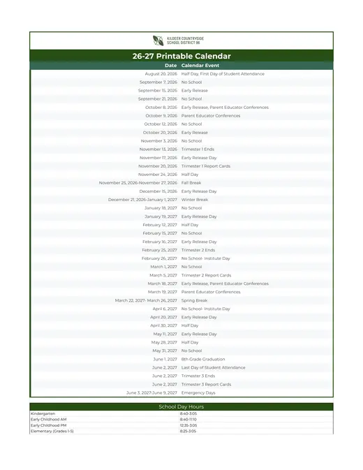 Kildeer Countryside Community Consolidated School District 96 2026–2027 Academic Calendar Page 1