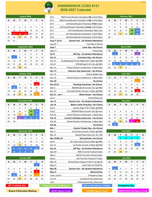 Kinnikinnick CCSD #131 2026–2027 Academic Calendar