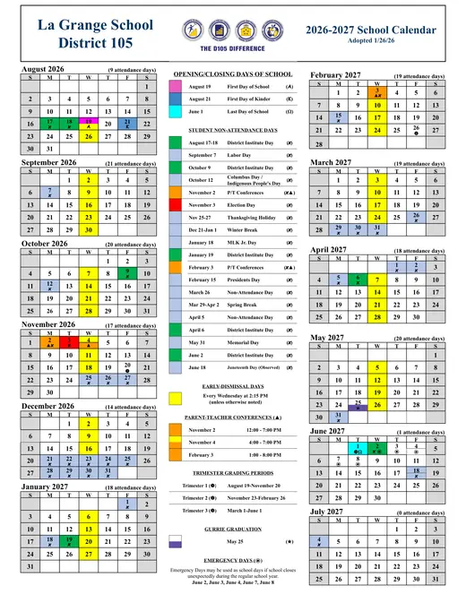 LA Grange School District 105 2026–2027 Academic Calendar Page 1