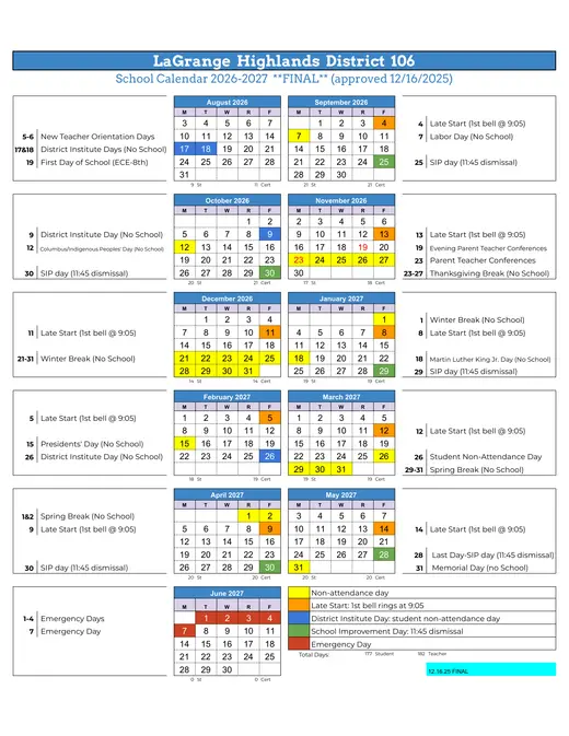 Lagrange Highlands District 106 2026–2027 Academic Calendar Page 1