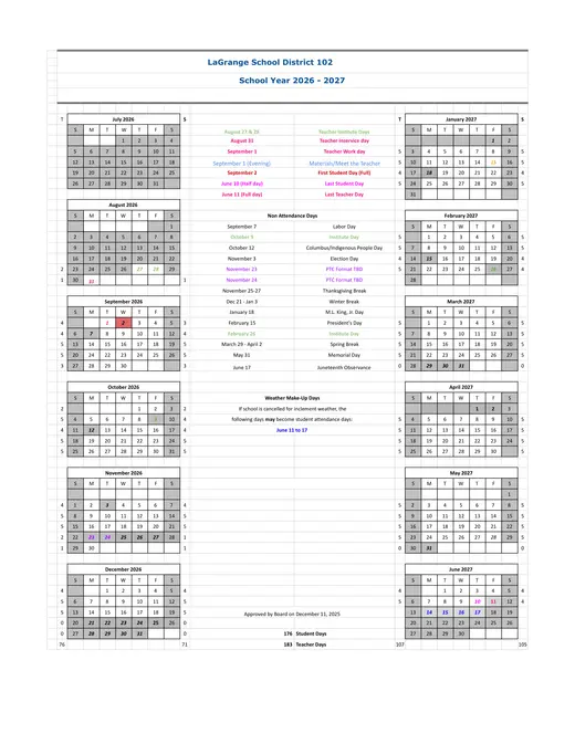 LaGrange School District 102 2026–2027 Academic Calendar