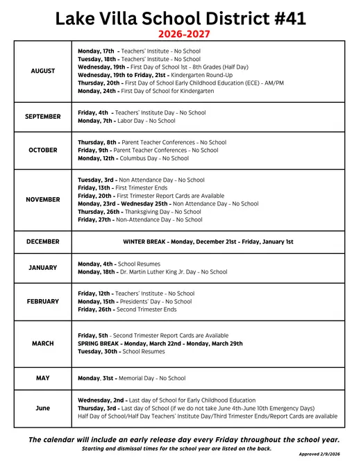 Lake Villa Community Consolidated School District 41 2026–2027 Academic Calendar Page 1