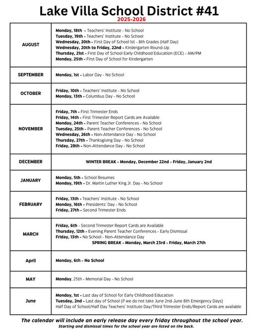 Lake Villa School District #41 2025–2026 Academic Calendar Page 1