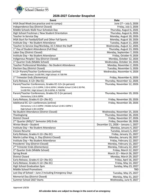 Lake Zurich Community Unit School District 95 2026–2027 Academic Calendar