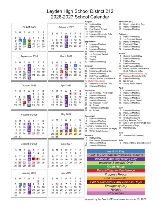 Leyden Community High School District 212 2026–2027 Academic Calendar