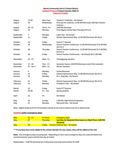 Liberty Community Unit # 2 School District 2026–2027 Academic Calendar Page 2