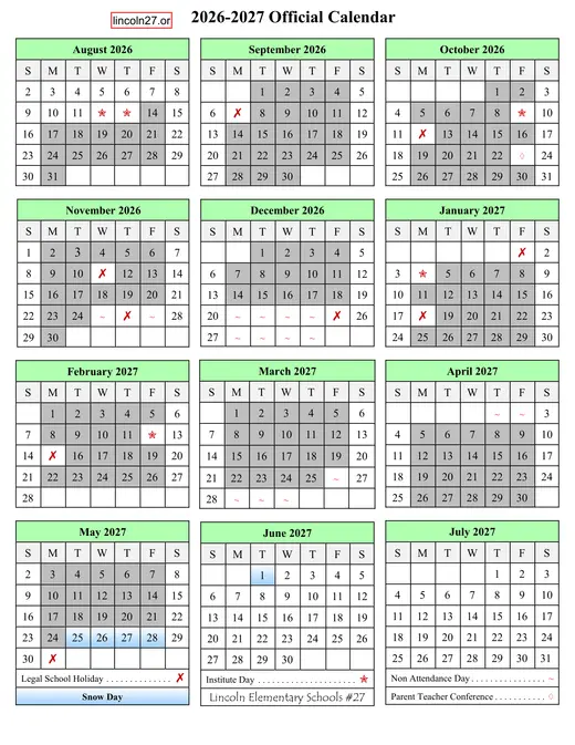 Lincoln Elementary Schools #27 2026–2027 Academic Calendar