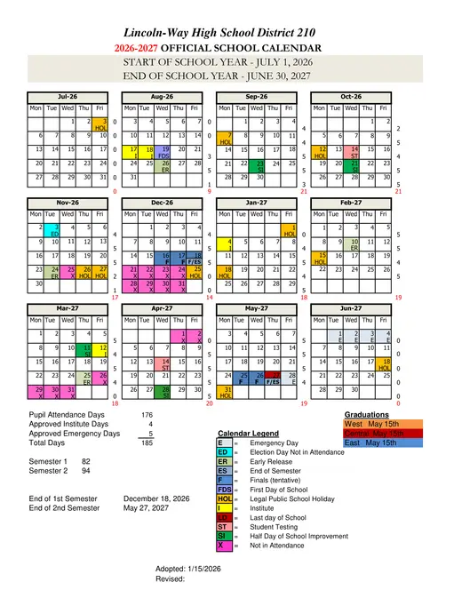 Lincoln-Way High School District 210 2026–2027 Academic Calendar