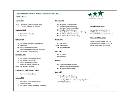 Lincolnshire-Prairie View School District 103 2026–2027 Academic Calendar