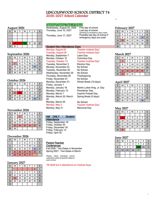 Lincolnwood School District 74 2026–2027 Academic Calendar