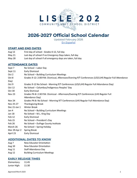 LISLE 202 Community Unit School District 2026–2027 Academic Calendar Page 2