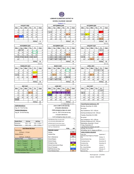 Lombard Elementary School District 44 2026–2027 Academic Calendar