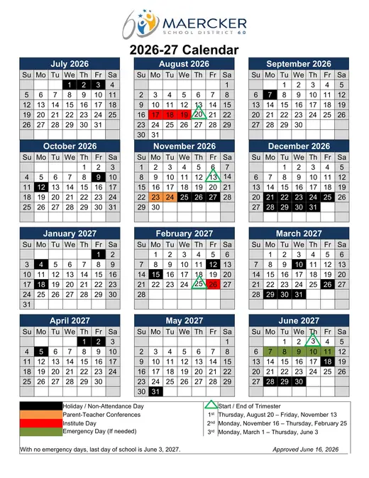 Maercker School District 60 2026–2027 Academic Calendar