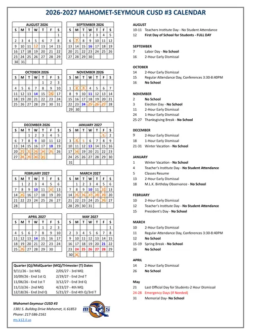 Mahomet-Seymour CUSD #3 2026–2027 Academic Calendar
