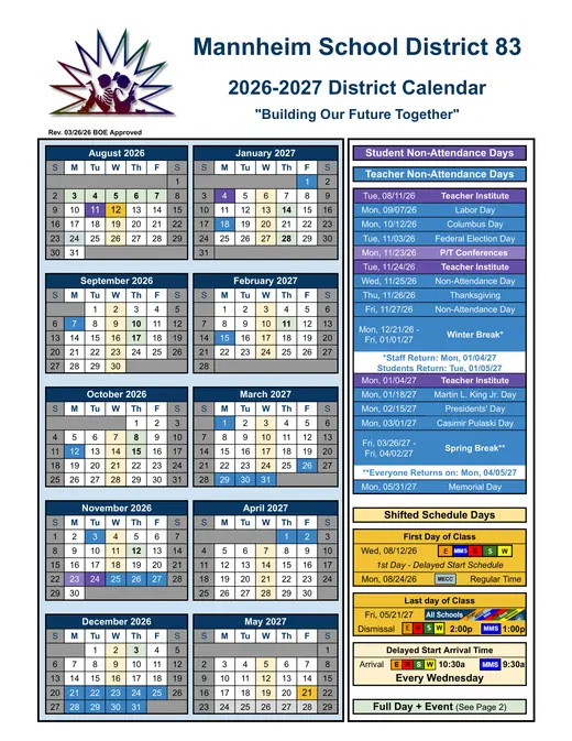 Mannheim School District 83 2026–2027 Academic Calendar Page 1