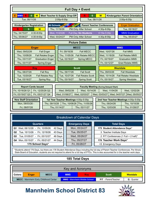 Mannheim School District 83 2026–2027 Academic Calendar Page 2