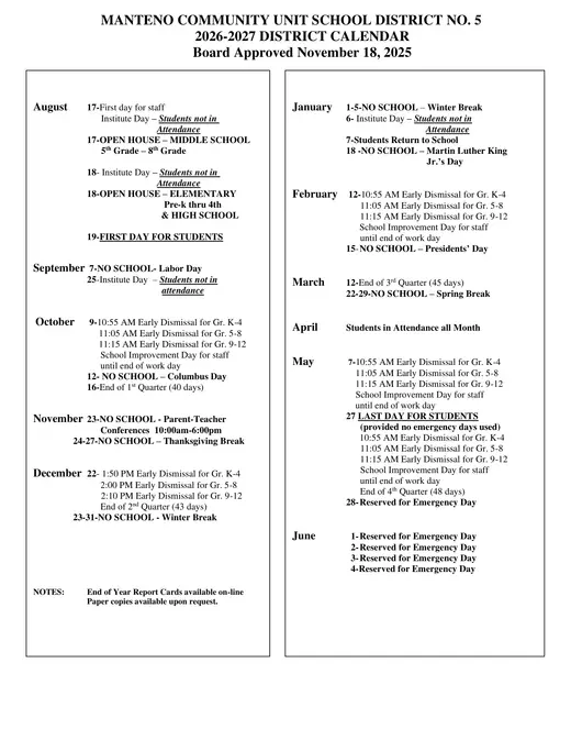 Manteno Community Unit School District No. 5 2026–2027 Academic Calendar