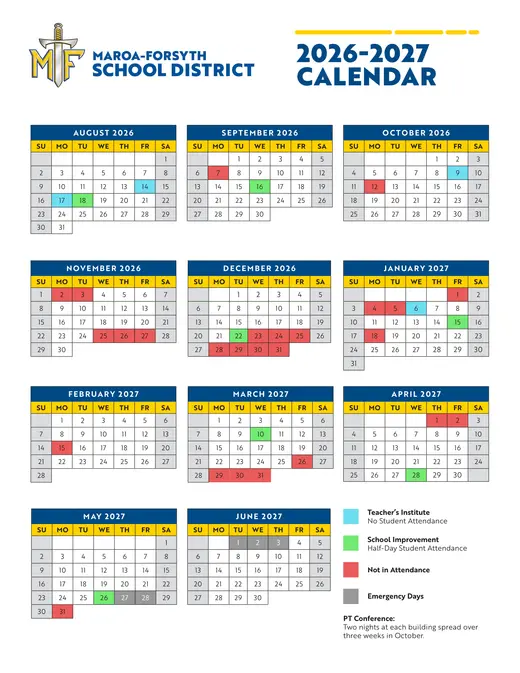 Maroa-Forsyth School District 2026–2027 Academic Calendar