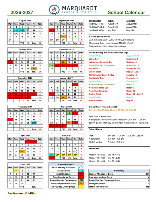 Marquardt School District 15 2026–2027 Academic Calendar