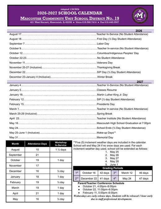 Mascoutah Community Unit School District No. 19 2026–2027 Academic Calendar
