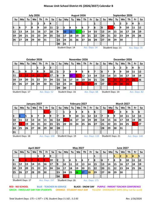 Massac Unit School District #1 2026–2027 Academic Calendar