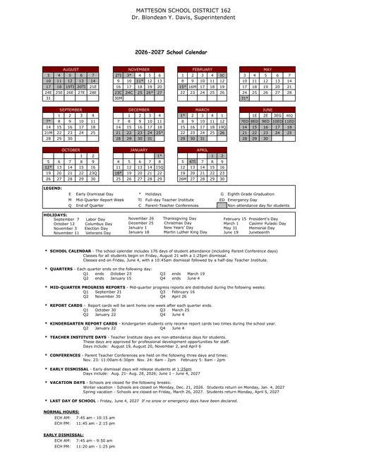 Matteson School District 162 2026–2027 Academic Calendar Page 1