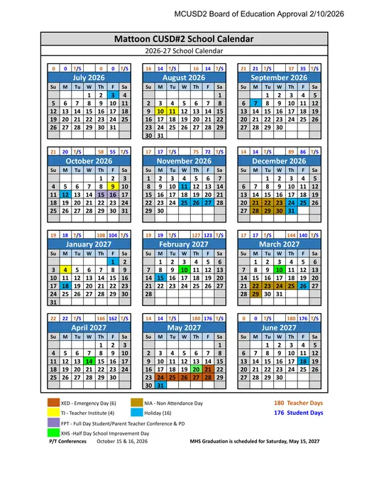 Mattoon Community Unit School District #2 2026–2027 Academic Calendar