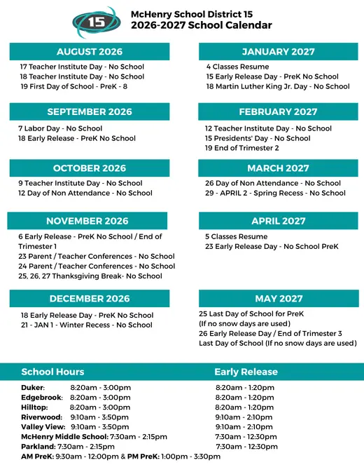 McHenry Community Consolidated School District 15 2026–2027 Academic Calendar Page 1
