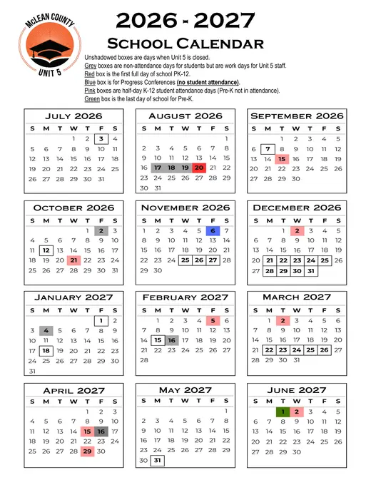 McLean County Unit District No. 5 2026–2027 Academic Calendar Page 1