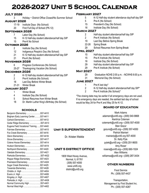 McLean County Unit District No. 5 2026–2027 Academic Calendar Page 2
