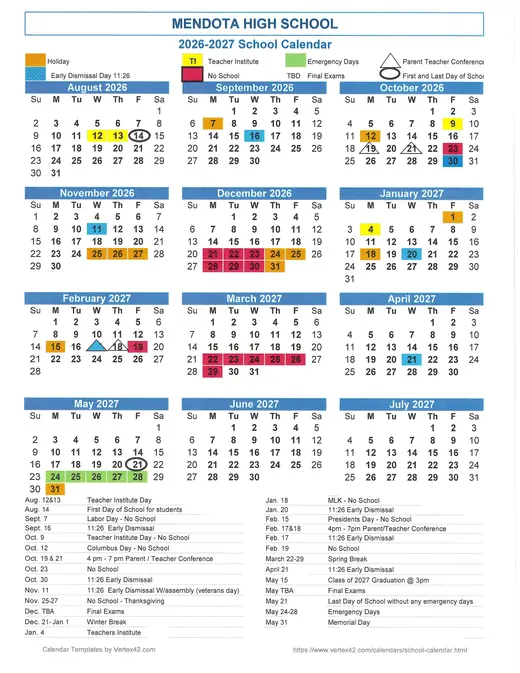 Mendota High School 2026–2027 Academic Calendar Page 1