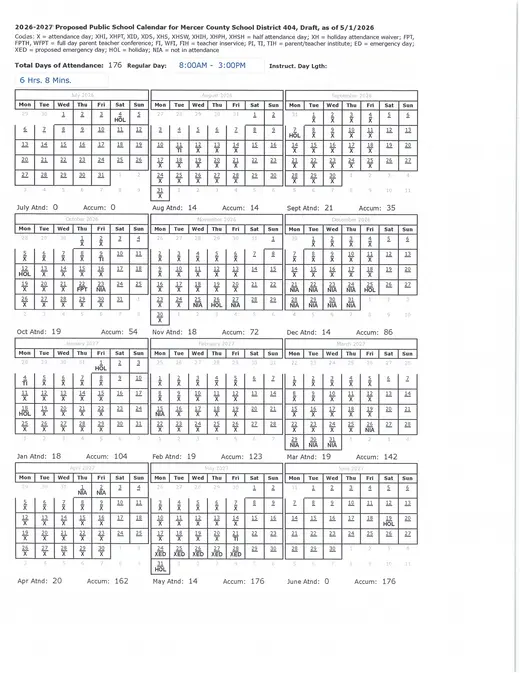 Mercer County School District 404 2026–2027 Academic Calendar Page 1