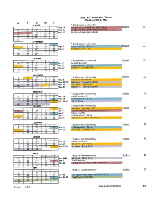 Meridian C.U.S.D. #223 2026–2027 Academic Calendar